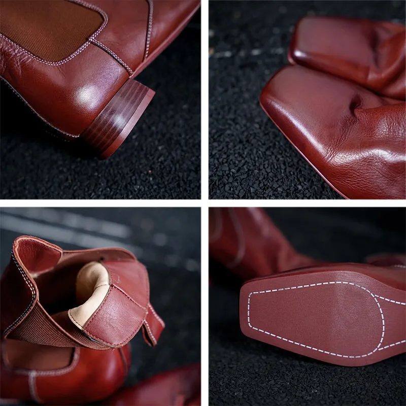 Horse Leather Chelsea Boots Retro Square-Toe Ankle Boots Slimming Boots in Black/Red