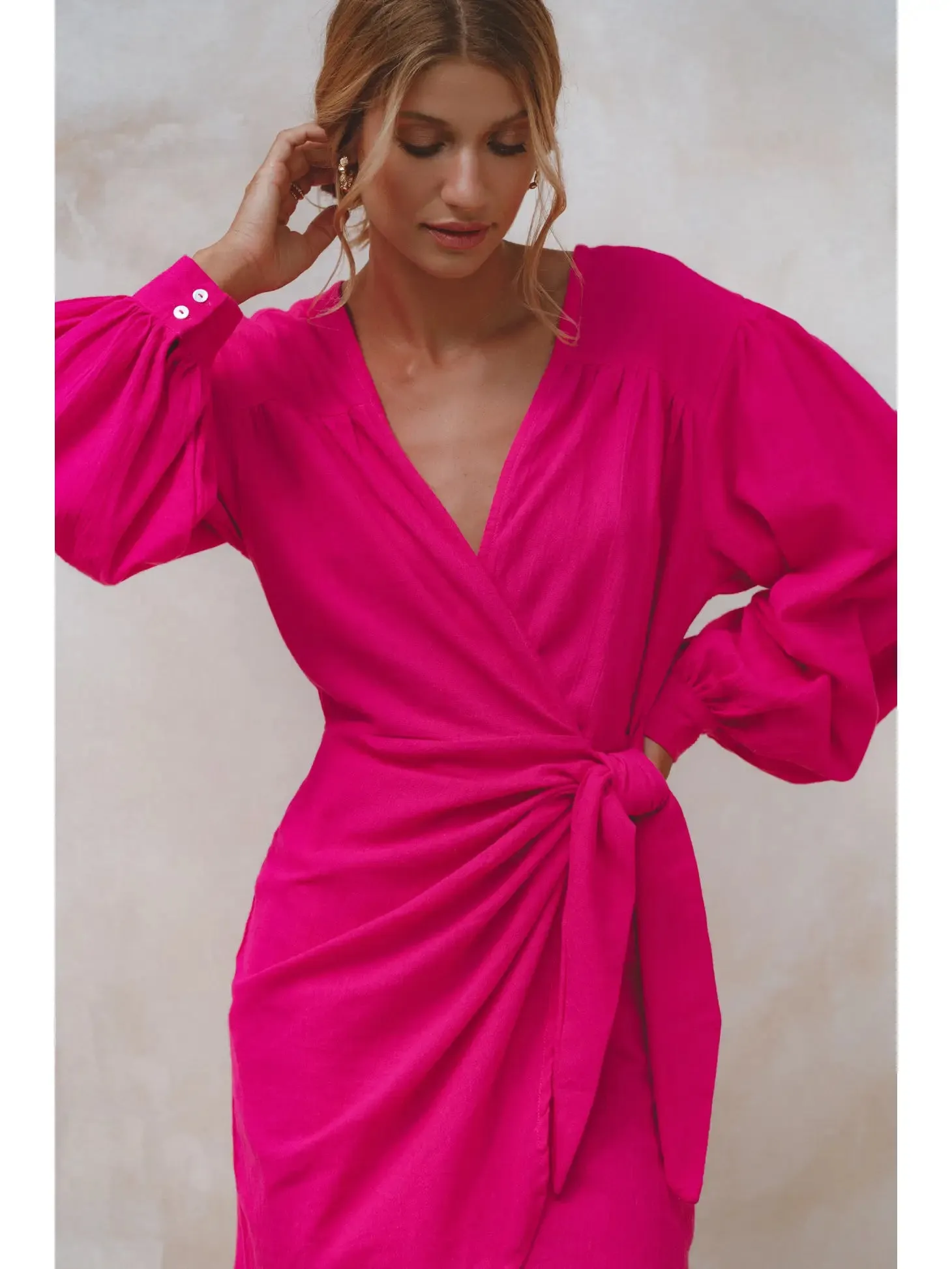 Hot Pink Linen Wrap Dress