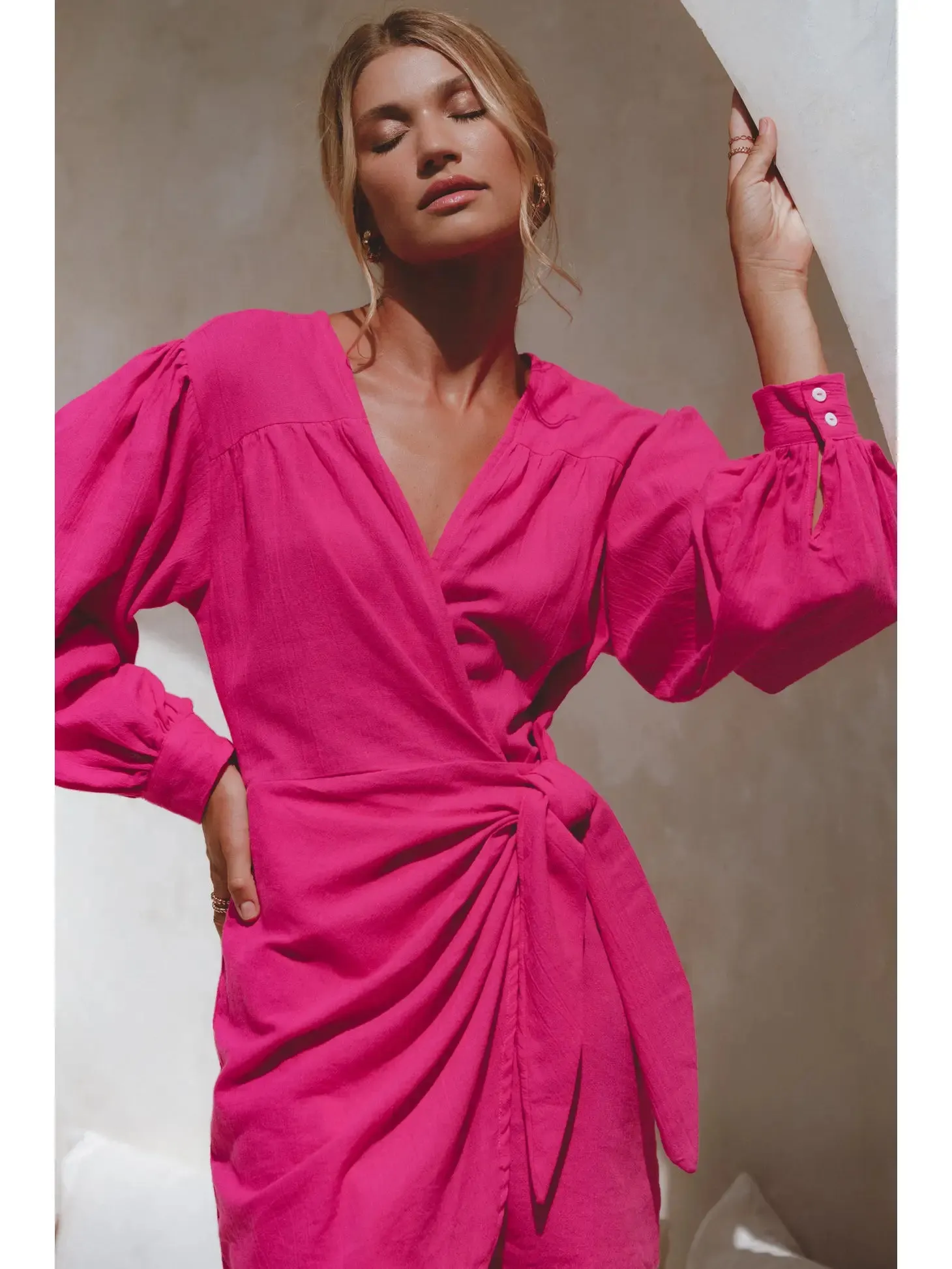 Hot Pink Linen Wrap Dress