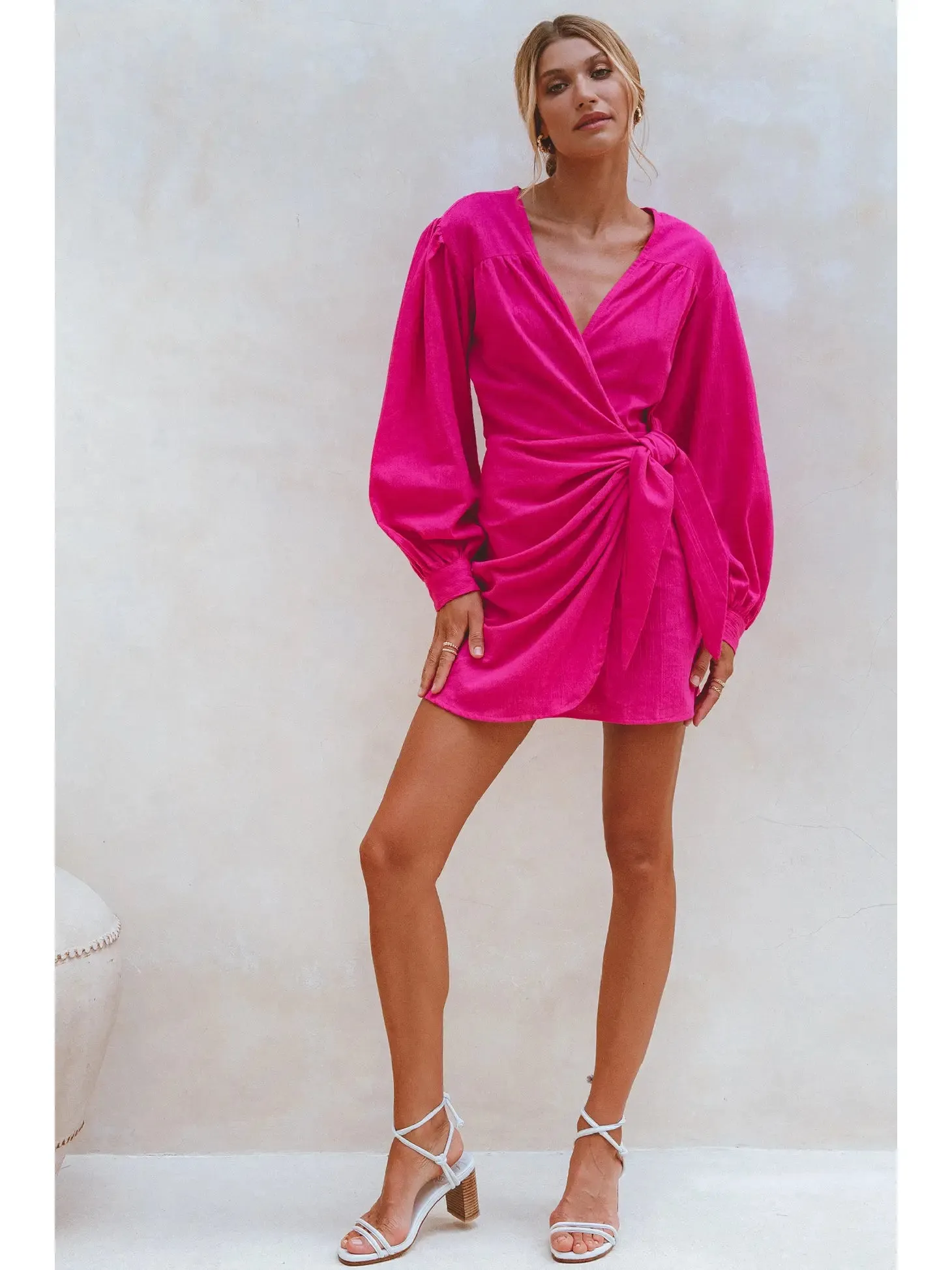 Hot Pink Linen Wrap Dress
