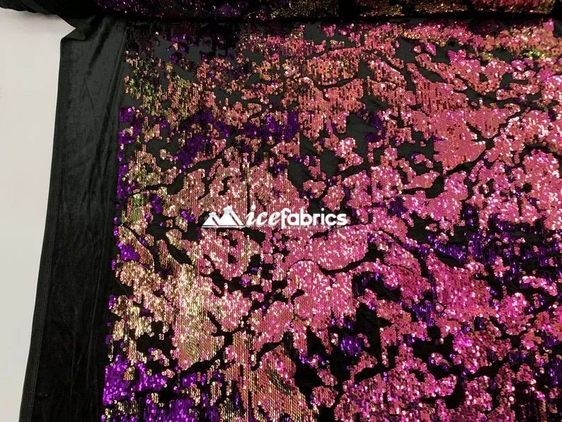 Iridescent 2 Way Stretch Embroider Sequins Fabric On Velvet By The Yard