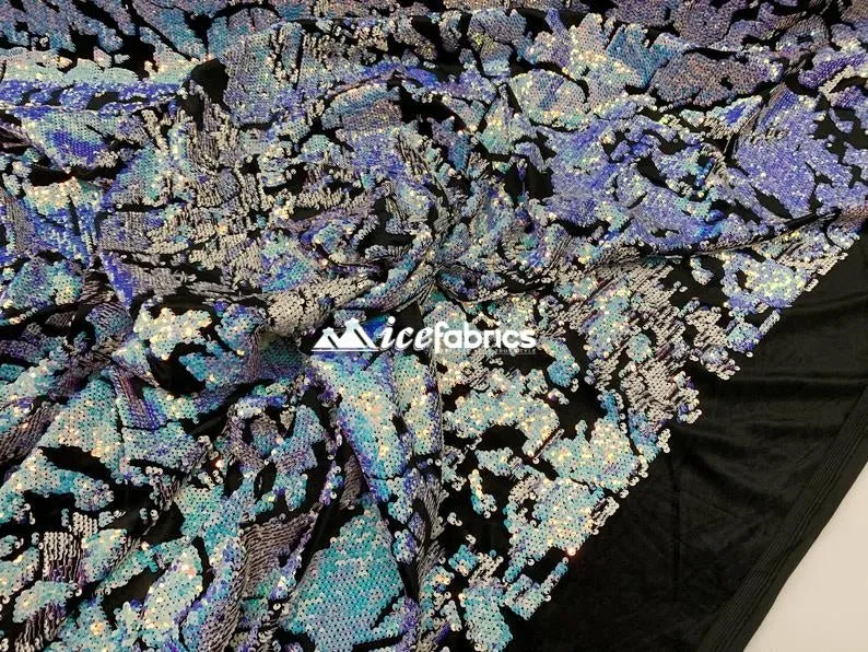 Iridescent 2 Way Stretch Embroider Sequins Fabric On Velvet By The Yard