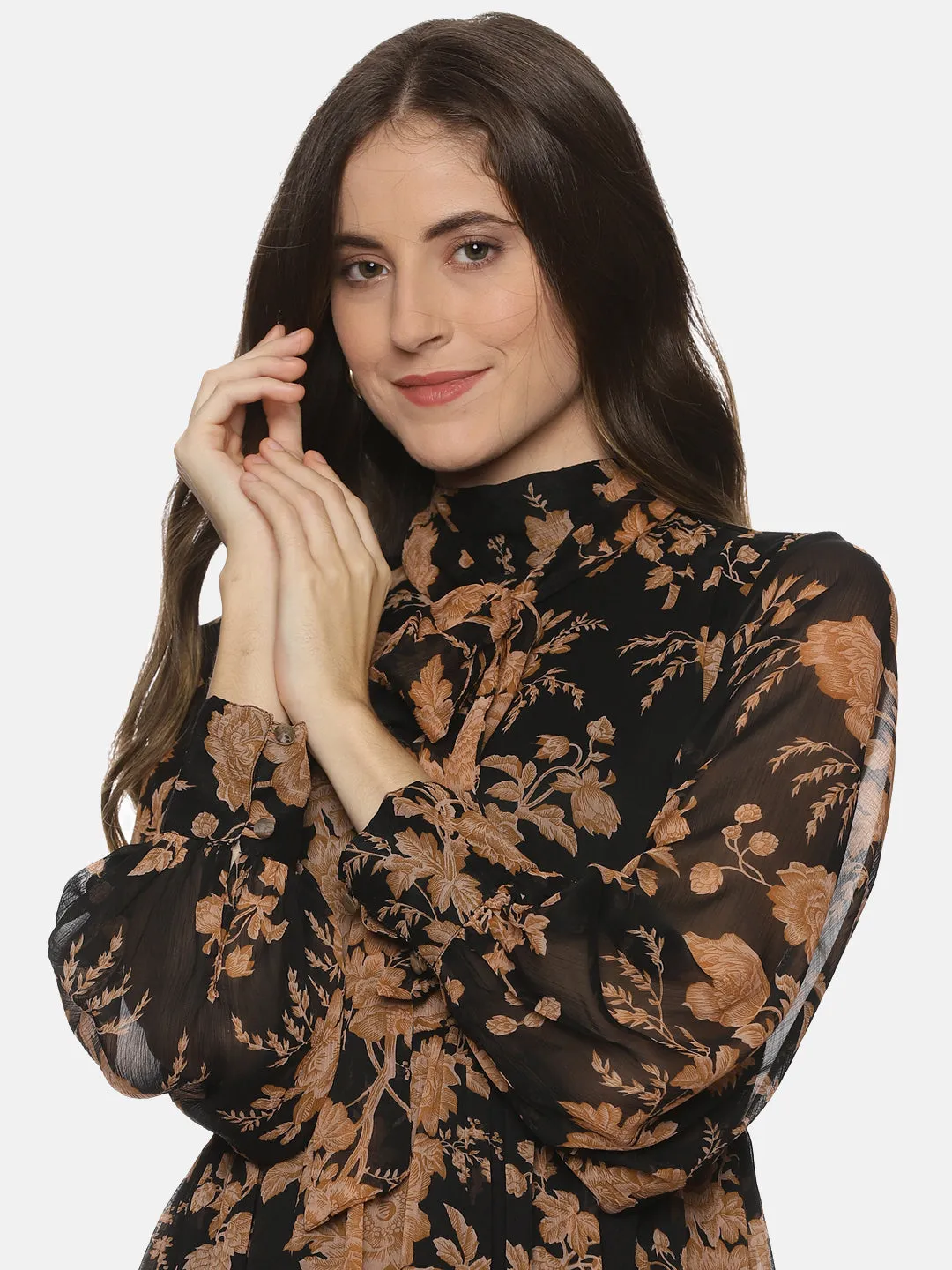 IS.U Floral Black Front Tie Knot Midaxi Dress