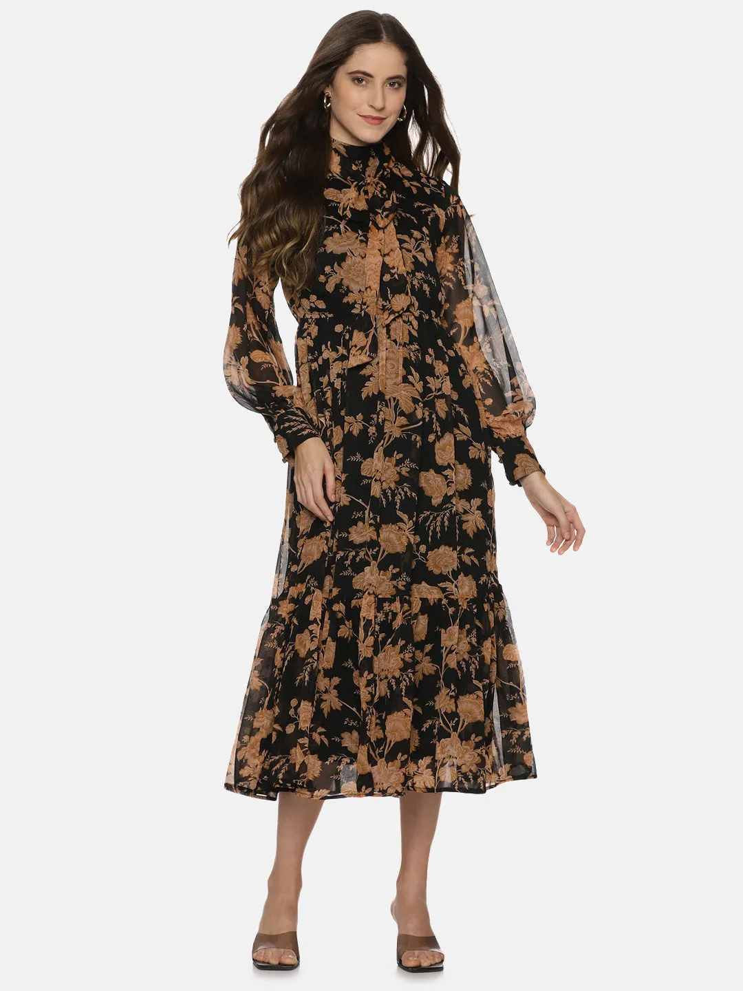 IS.U Floral Black Front Tie Knot Midaxi Dress
