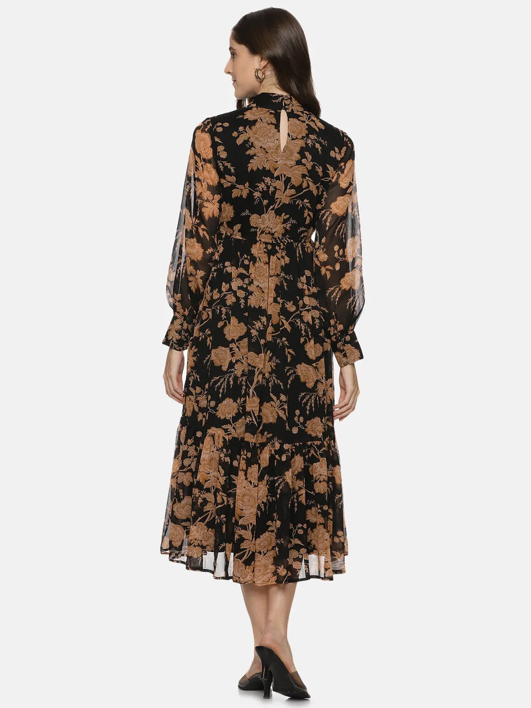 IS.U Floral Black Front Tie Knot Midaxi Dress