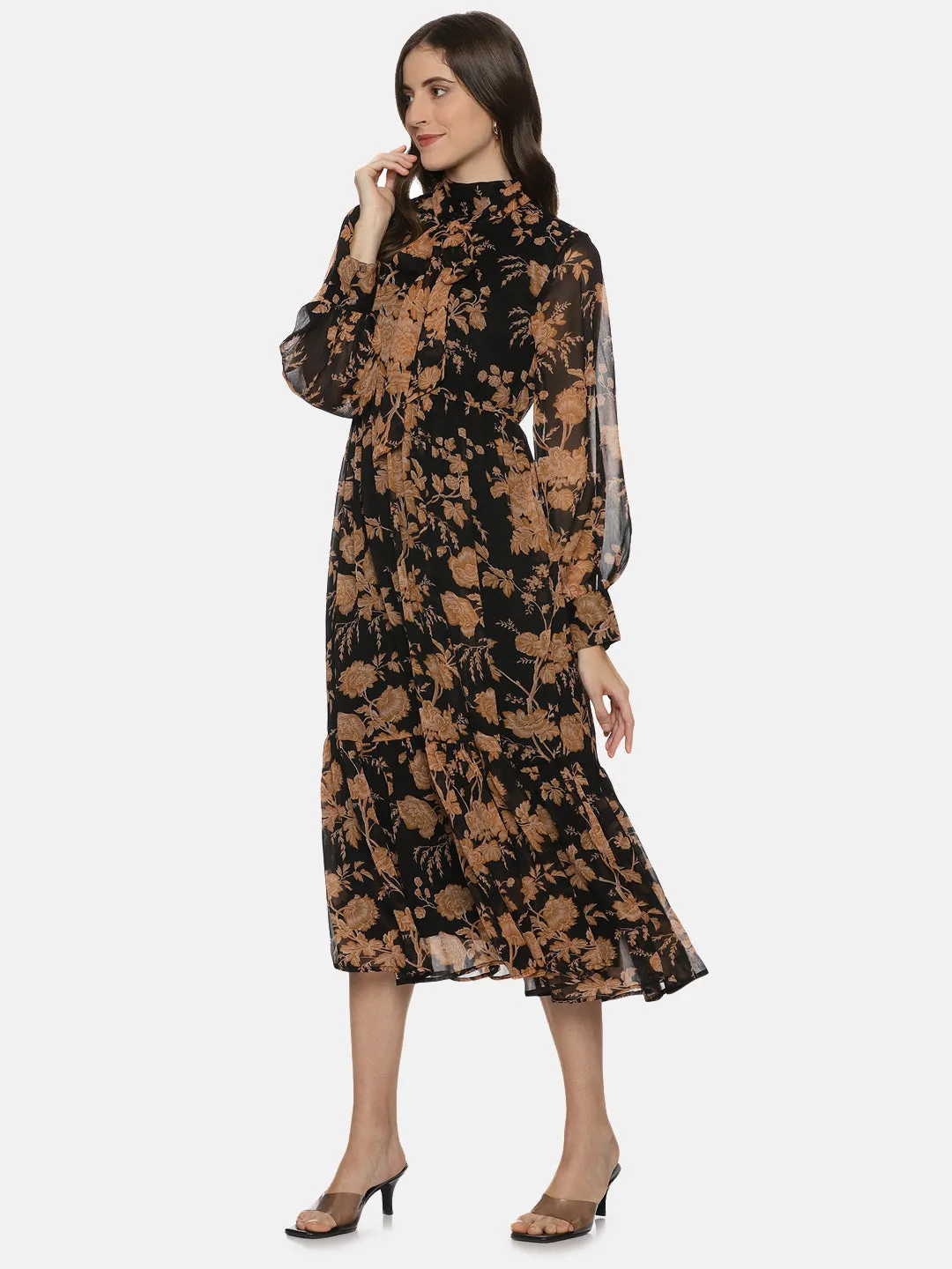 IS.U Floral Black Front Tie Knot Midaxi Dress