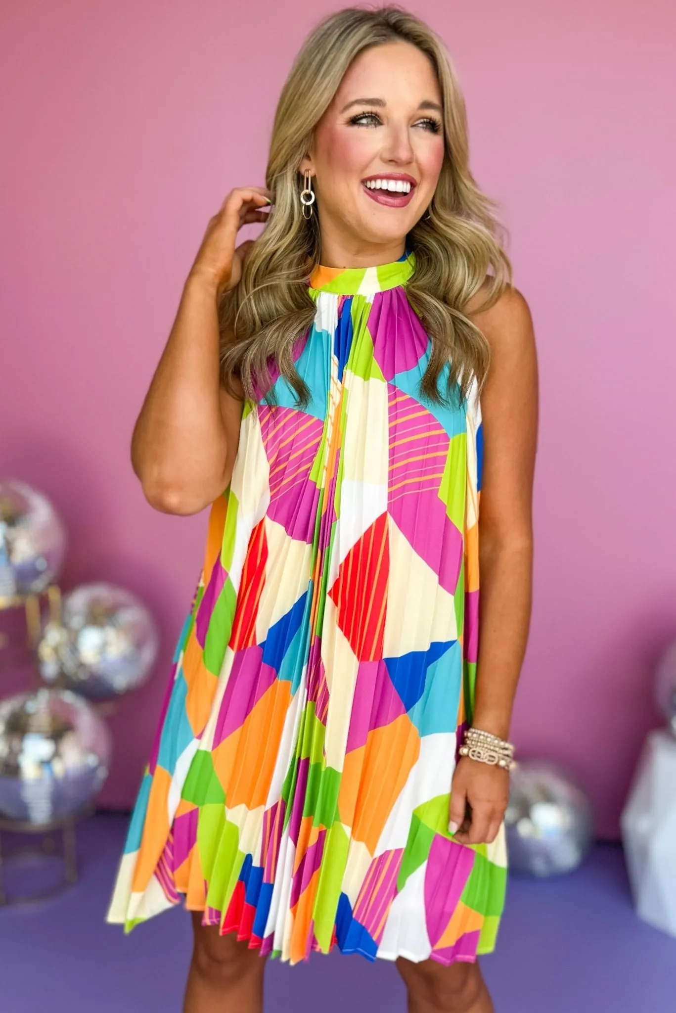 Ivory Multi Abstract Print Halter Neck Pleated Dress *FINAL SALE*