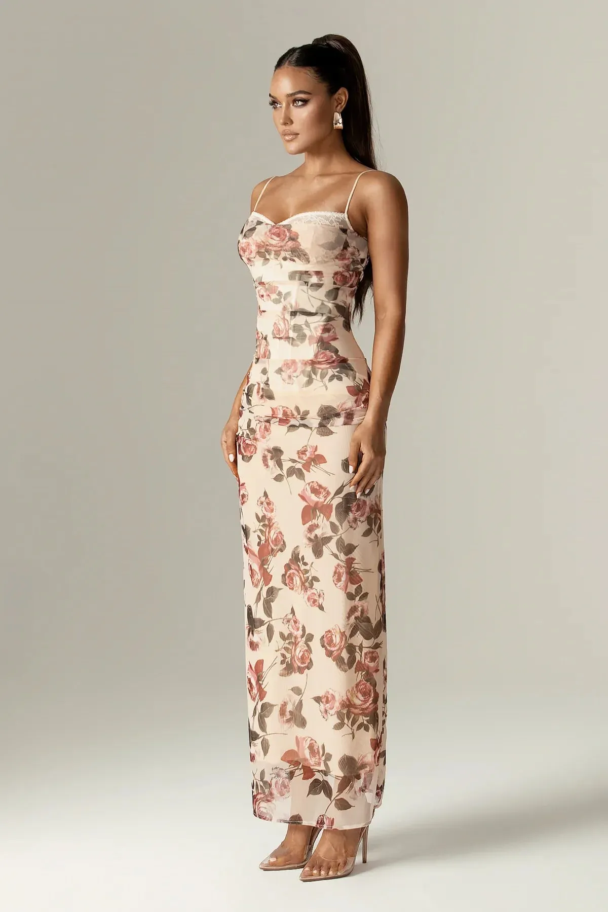 Ivyshape | Bloom Corset Maxi Dress with Italian Rose Print
