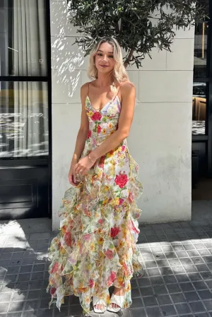 Ivyshape | Chiffon Rose Print Slit Maxi Dress