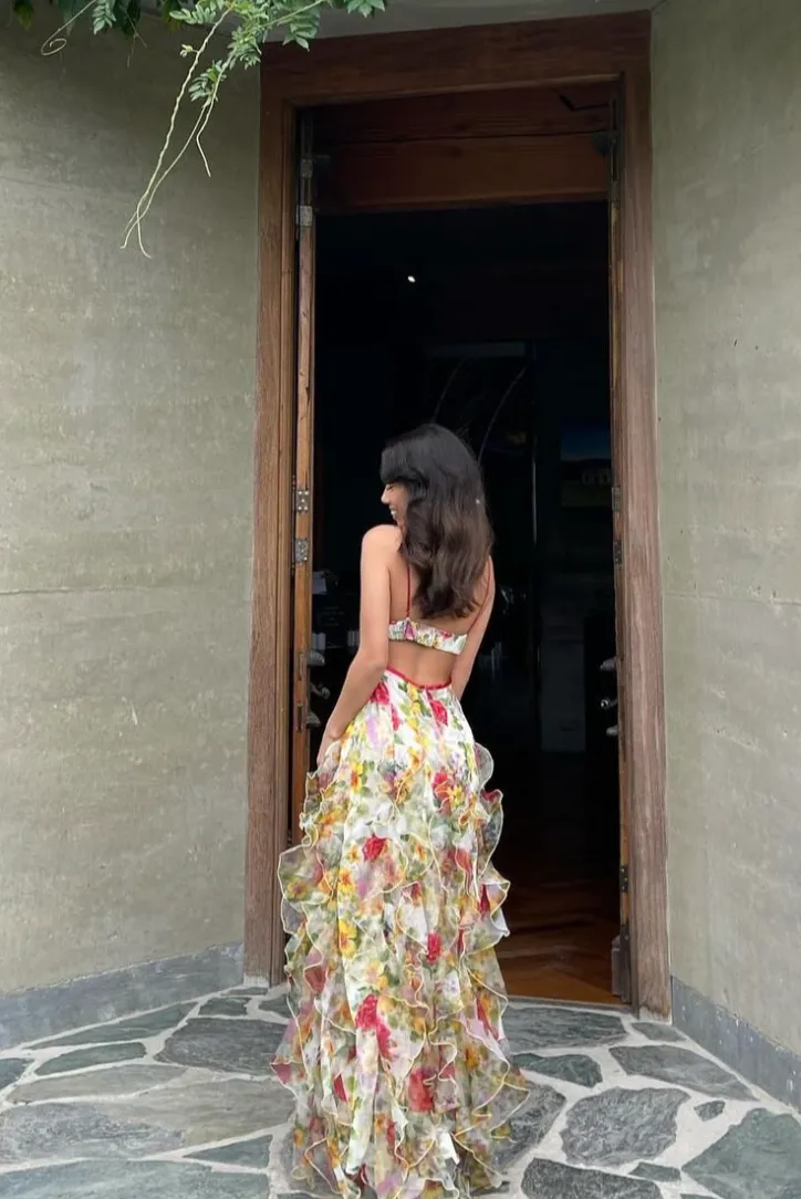 Ivyshape | Chiffon Rose Print Slit Maxi Dress
