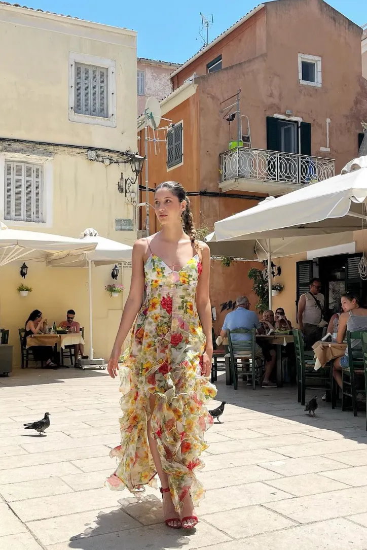 Ivyshape | Chiffon Rose Print Slit Maxi Dress