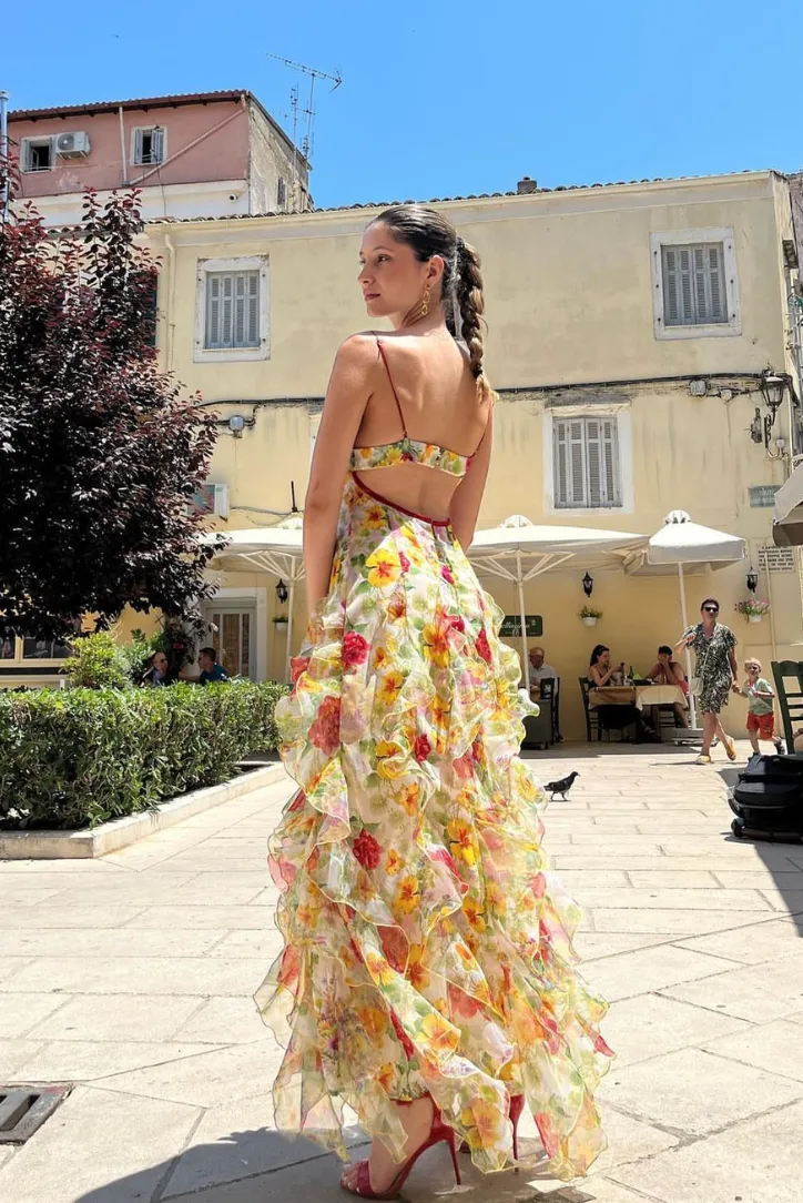 Ivyshape | Chiffon Rose Print Slit Maxi Dress