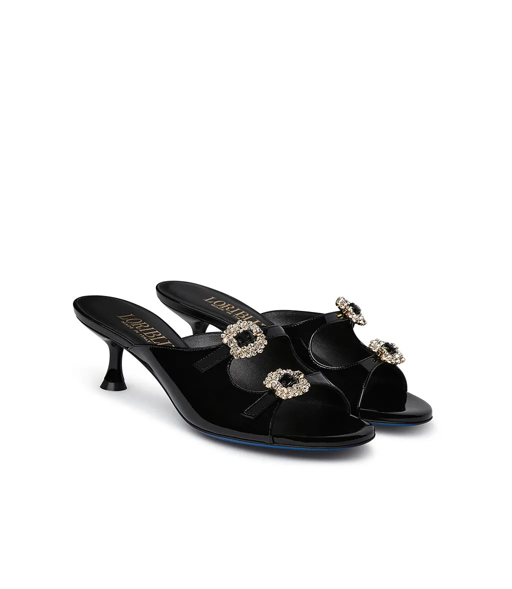 jewel buckle embellished black leather mules