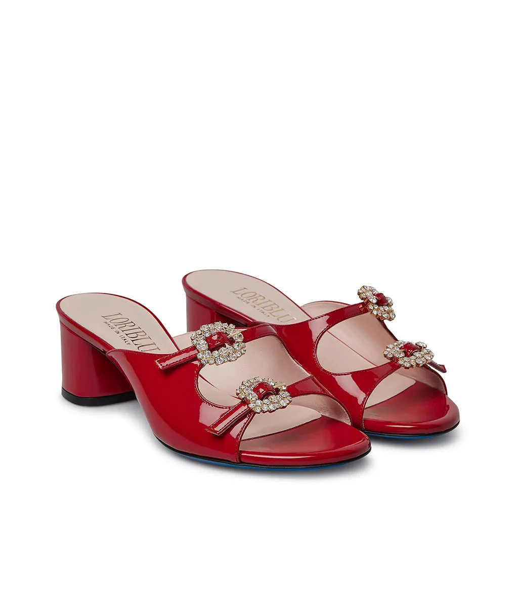 jewel buckles embellished red leather mules