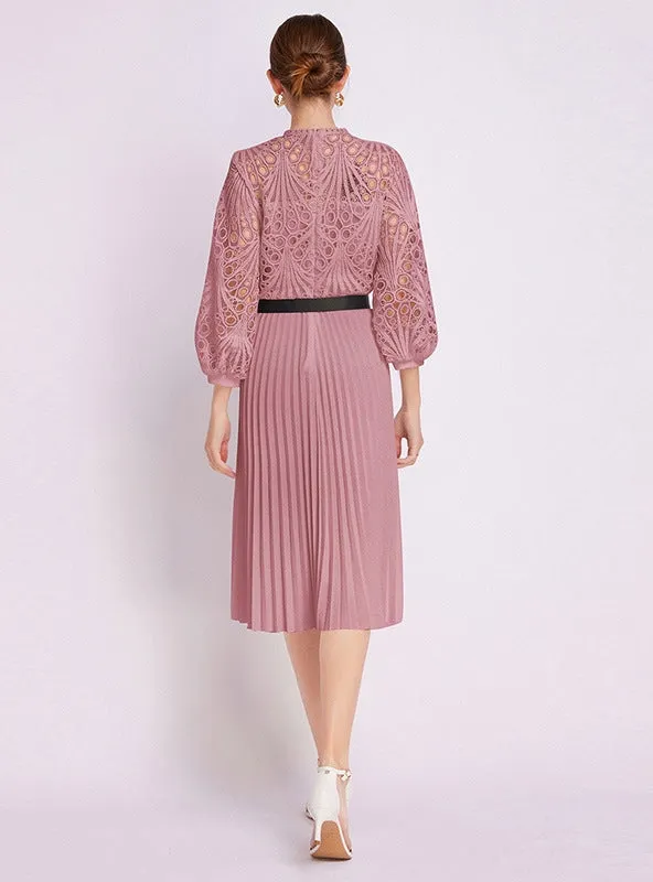 Lace Crocheted Openwork Pleated Dress with Belt