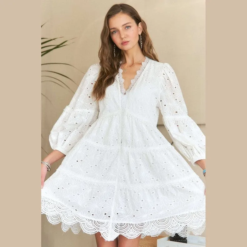 Lace Detail Tiered Eyelet V-Neck Babydoll Dress