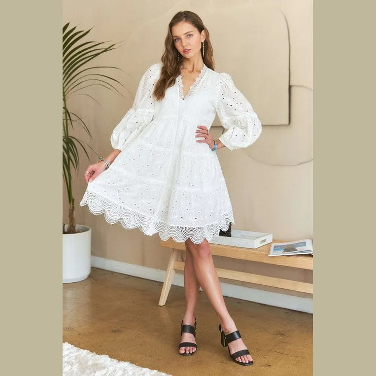 Lace Detail Tiered Eyelet V-Neck Babydoll Dress