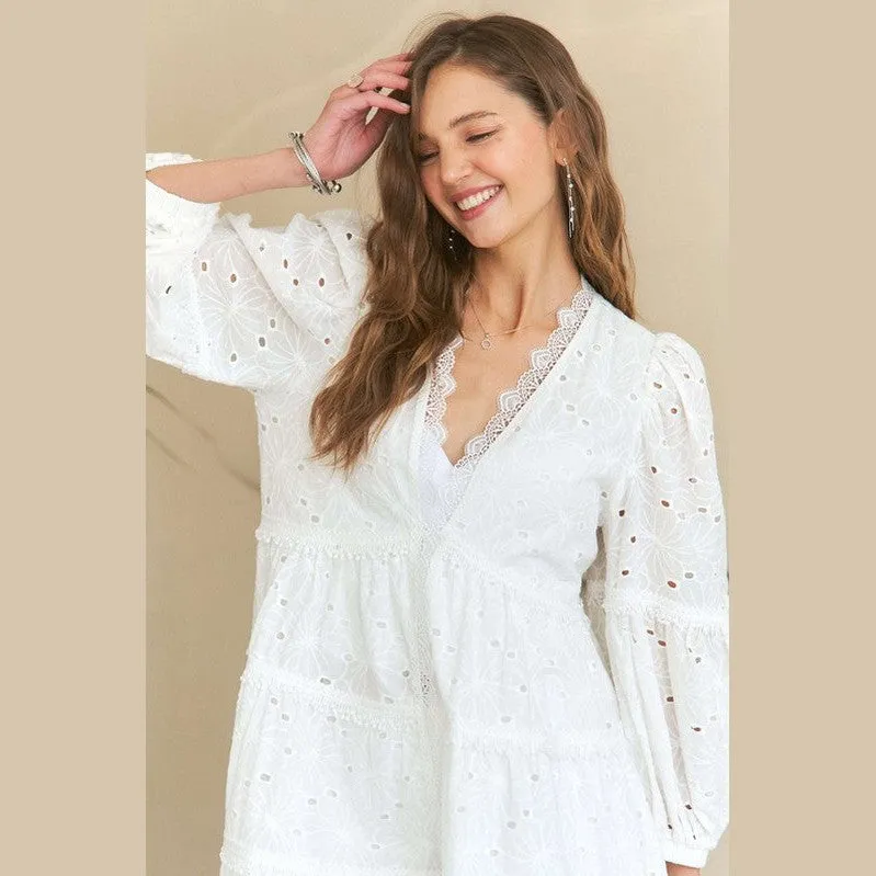 Lace Detail Tiered Eyelet V-Neck Babydoll Dress