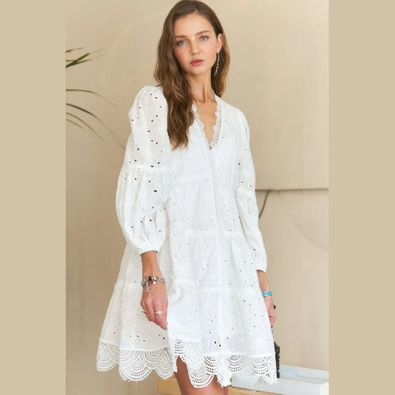 Lace Detail Tiered Eyelet V-Neck Babydoll Dress