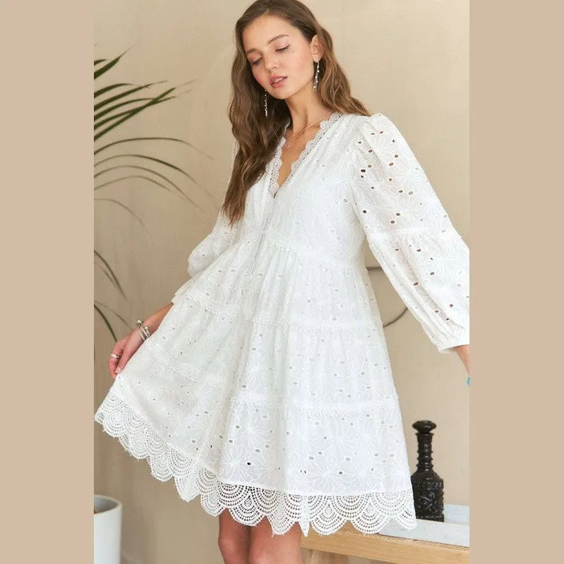 Lace Detail Tiered Eyelet V-Neck Babydoll Dress