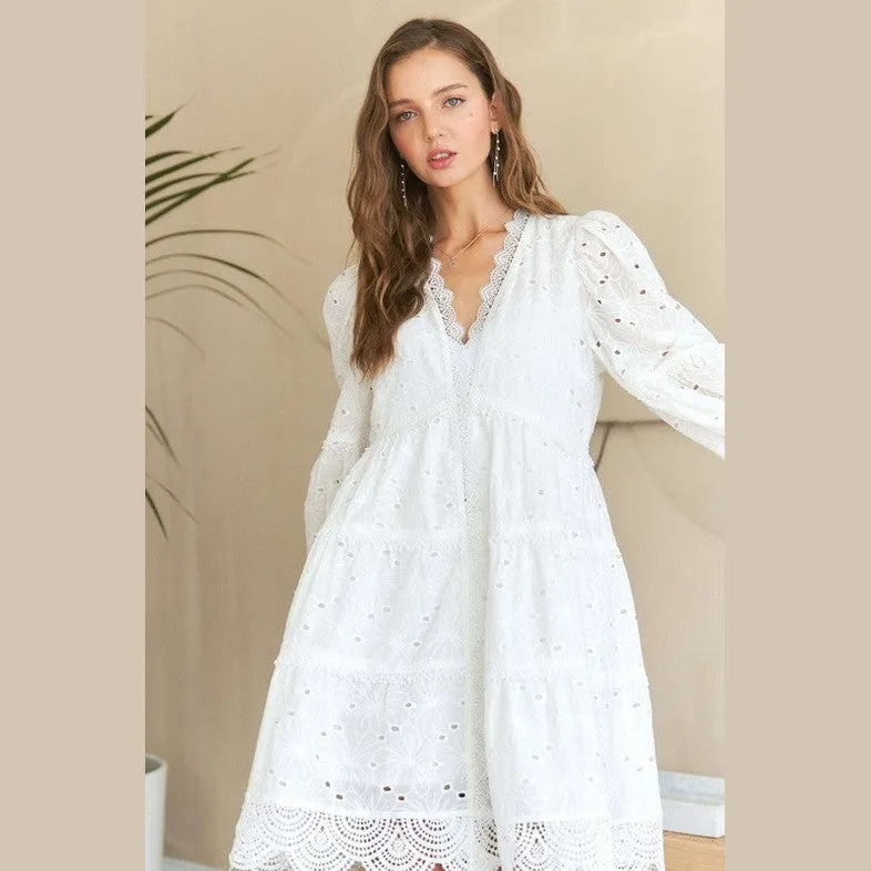 Lace Detail Tiered Eyelet V-Neck Babydoll Dress