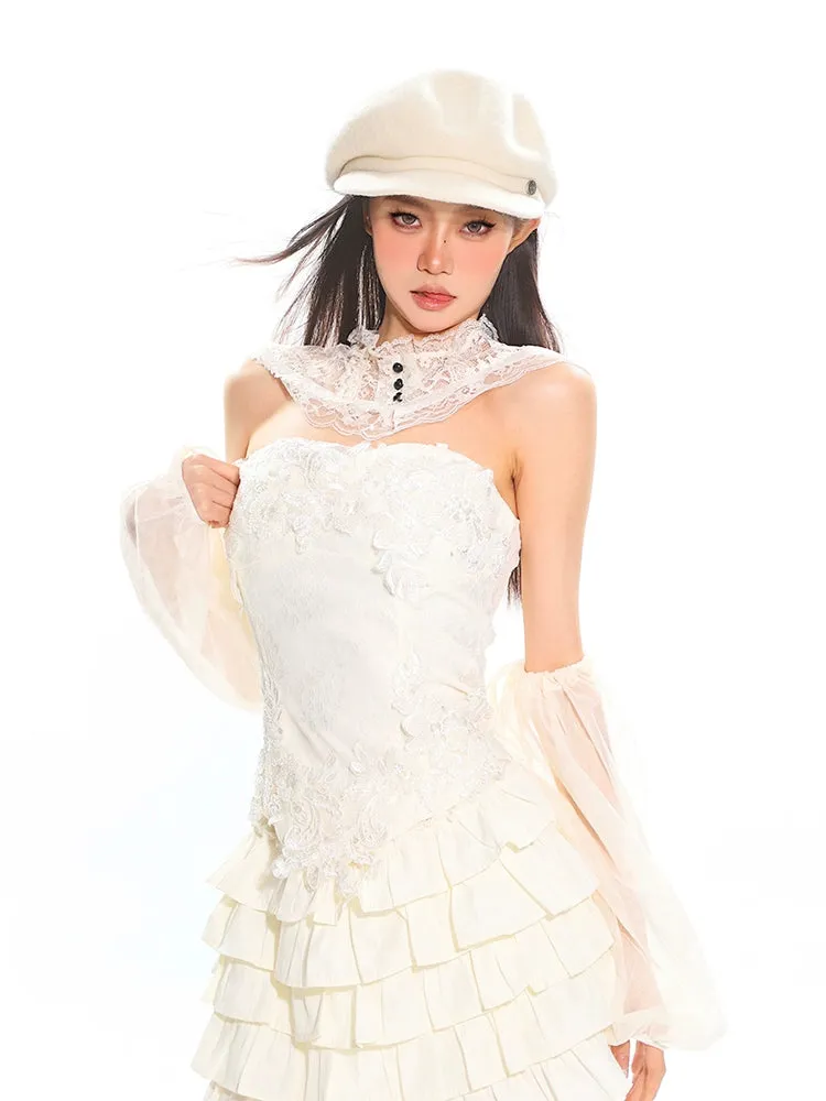 Lace Embellished Corset with Mesh Sleeves and Layered Ruffle Mini Skirt Two-Piece Set