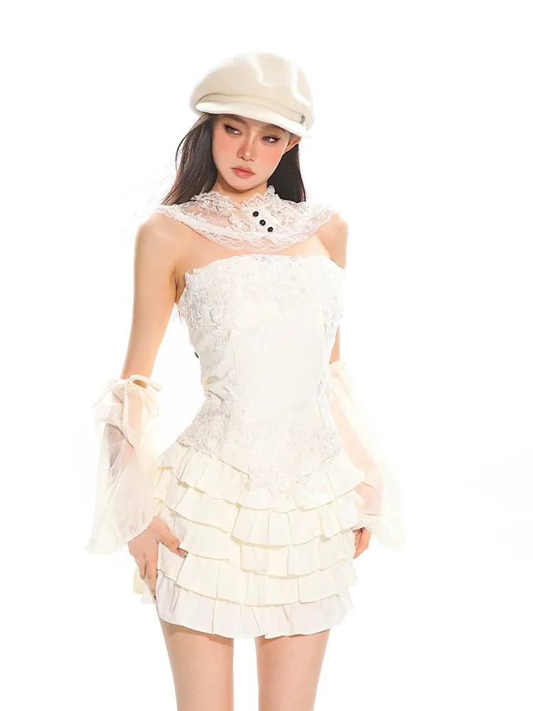Lace Embellished Corset with Mesh Sleeves and Layered Ruffle Mini Skirt Two-Piece Set