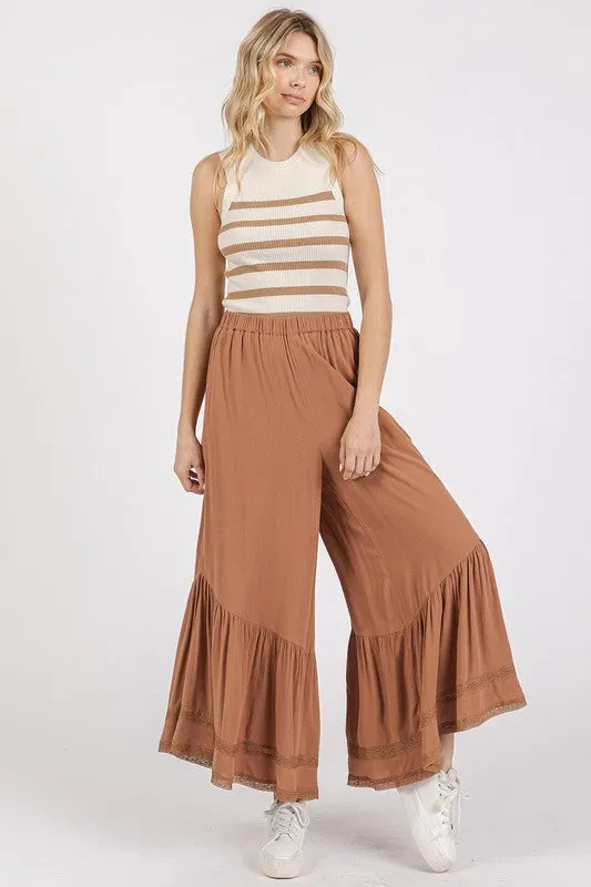 Lace Ruffle Asymmetric Hem Wide Leg  Bohemian Pants