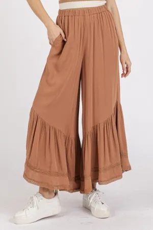 Lace Ruffle Asymmetric Hem Wide Leg  Bohemian Pants