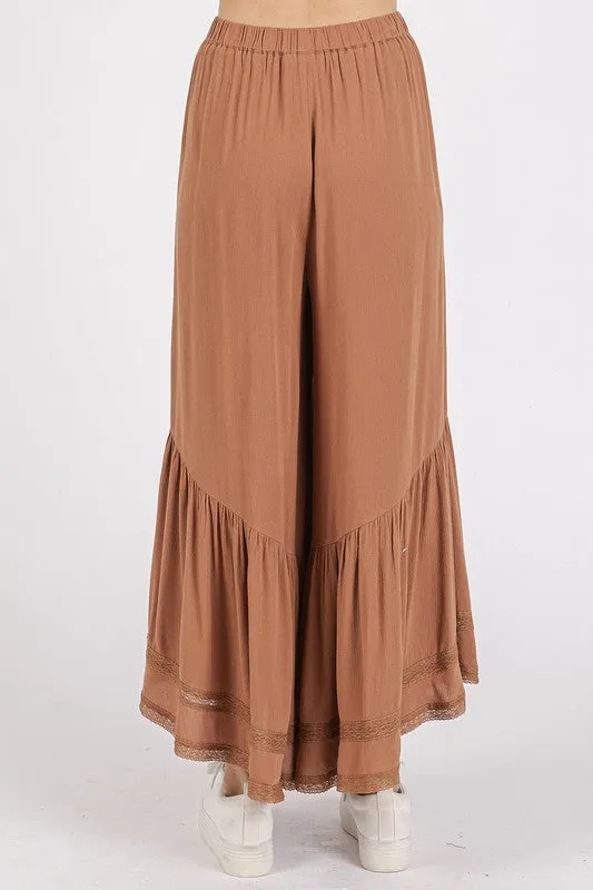 Lace Ruffle Asymmetric Hem Wide Leg  Bohemian Pants