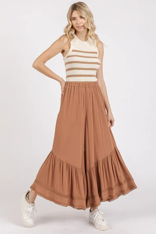 Lace Ruffle Asymmetric Hem Wide Leg  Bohemian Pants