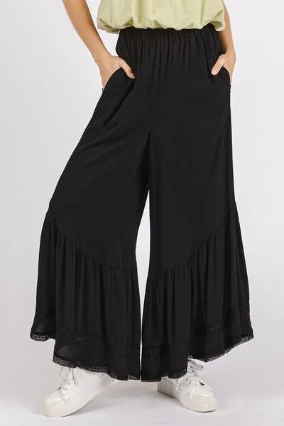 Lace Ruffle Asymmetric Hem Wide Leg Pants