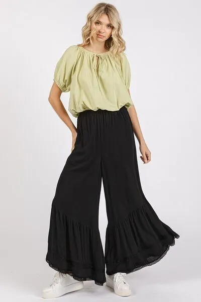 Lace Ruffle Asymmetric Hem Wide Leg Pants