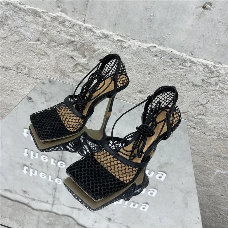 Lace Up Mesh High Heels