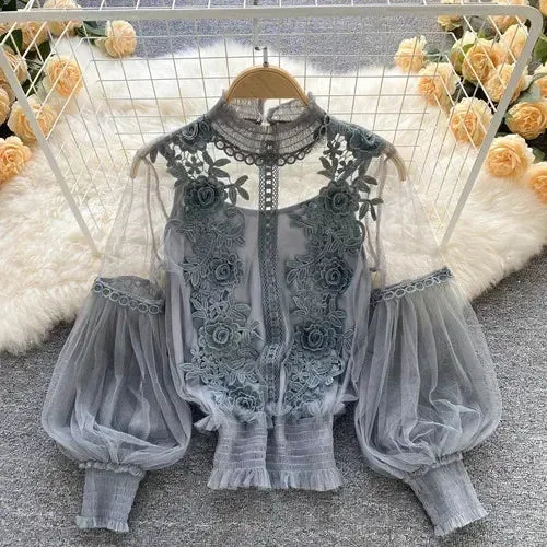 Lady Glams Lace Puff Long Sleeve Blouse - Timeless Elegance Meets Modern Chic