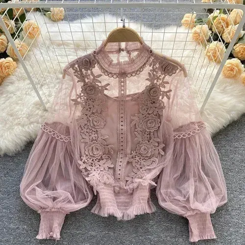 Lady Glams Lace Puff Long Sleeve Blouse - Timeless Elegance Meets Modern Chic
