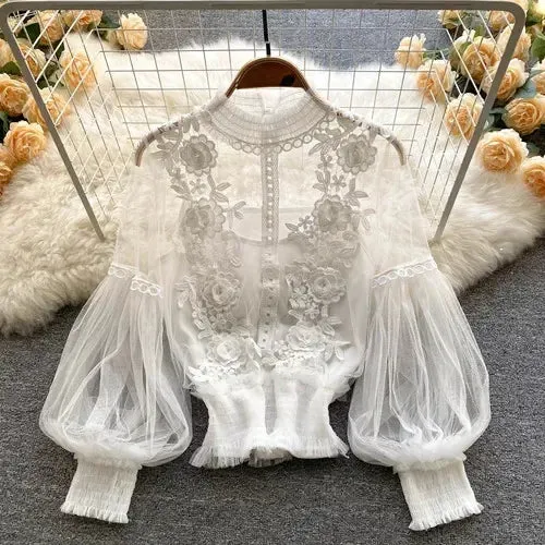 Lady Glams Lace Puff Long Sleeve Blouse - Timeless Elegance Meets Modern Chic
