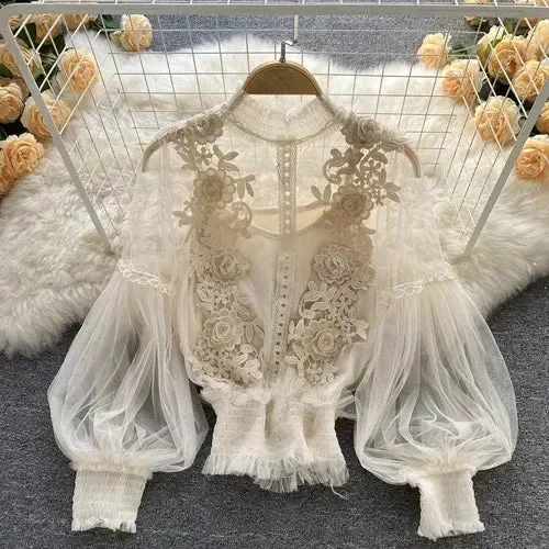 Lady Glams Lace Puff Long Sleeve Blouse - Timeless Elegance Meets Modern Chic