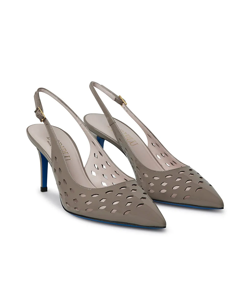Laser-cut mud patent leather slingback pumps 