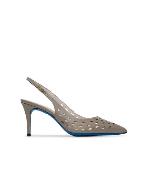 Laser-cut mud patent leather slingback pumps 