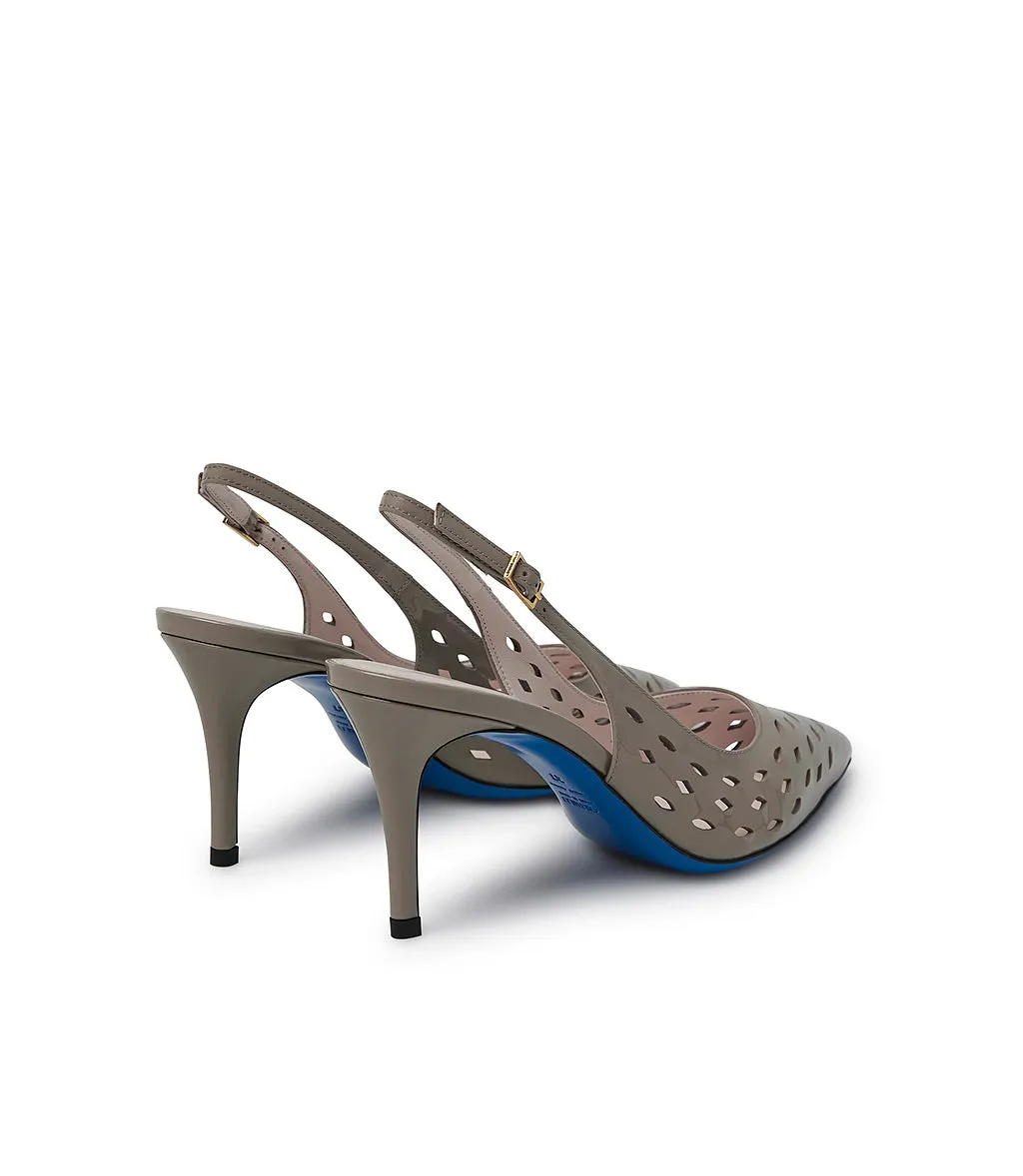 Laser-cut mud patent leather slingback pumps 