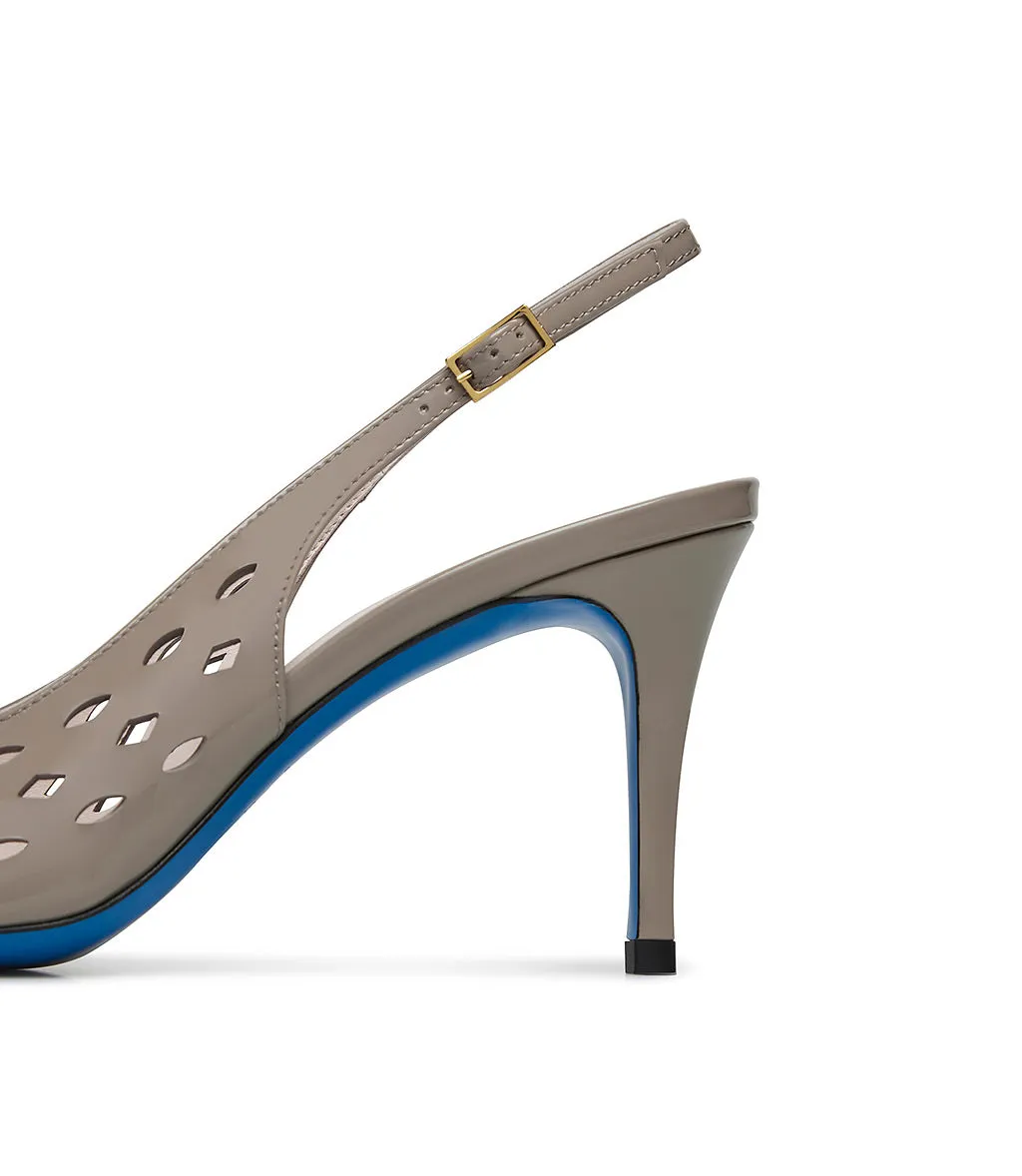 Laser-cut mud patent leather slingback pumps 
