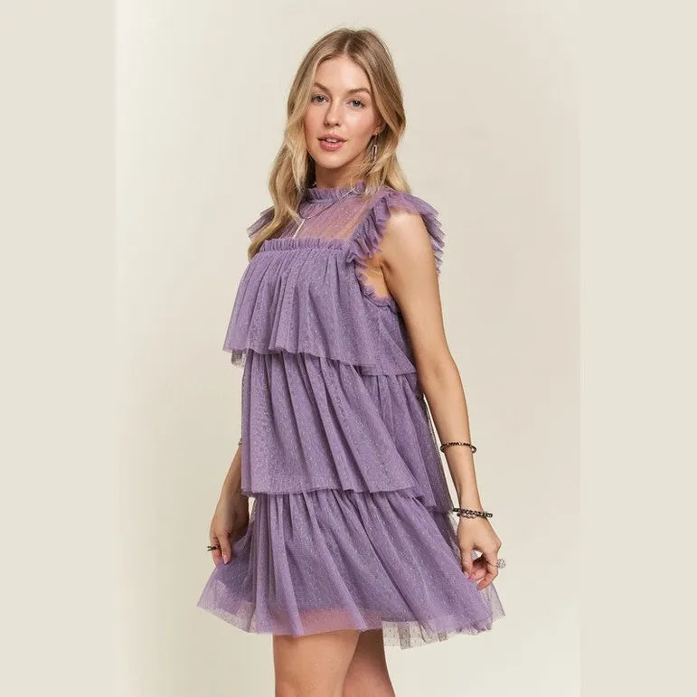 Layered Ruffled Cap Sleeve Mesh Dress