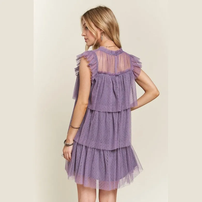 Layered Ruffled Cap Sleeve Mesh Dress