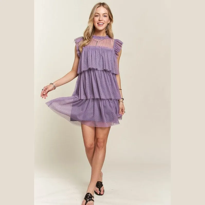 Layered Ruffled Cap Sleeve Mesh Dress