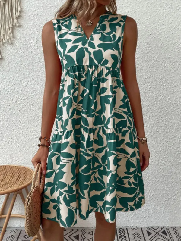 Leafy Tiered Ruffle Leaf Print Tank Dress