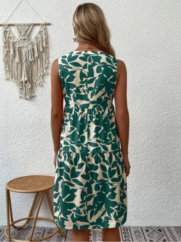 Leafy Tiered Ruffle Leaf Print Tank Dress