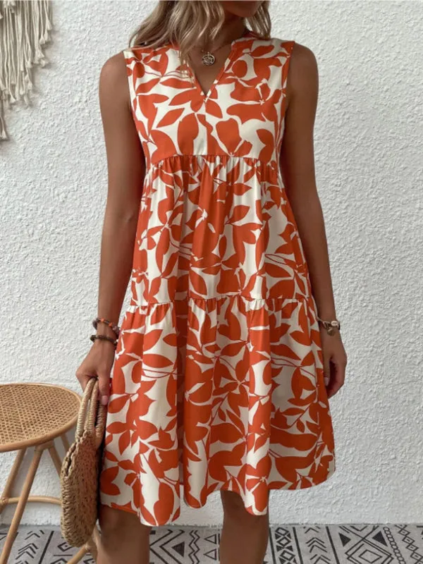 Leafy Tiered Ruffle Leaf Print Tank Dress
