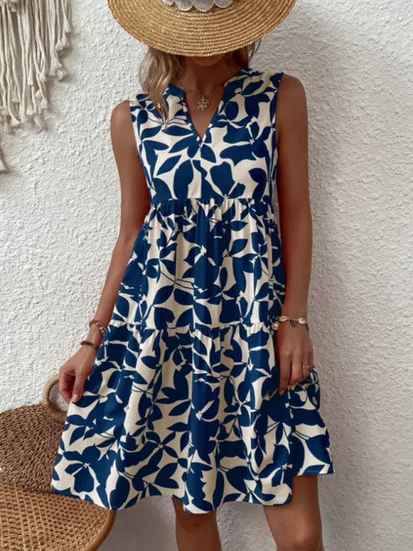 Leafy Tiered Ruffle Leaf Print Tank Dress