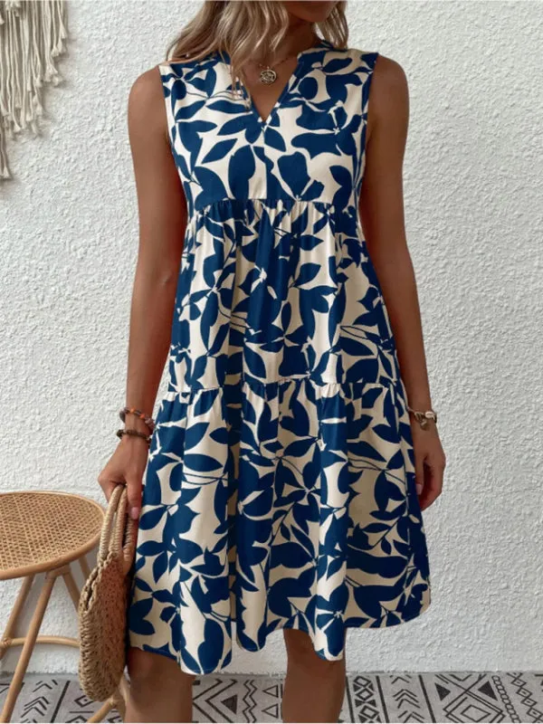 Leafy Tiered Ruffle Leaf Print Tank Dress
